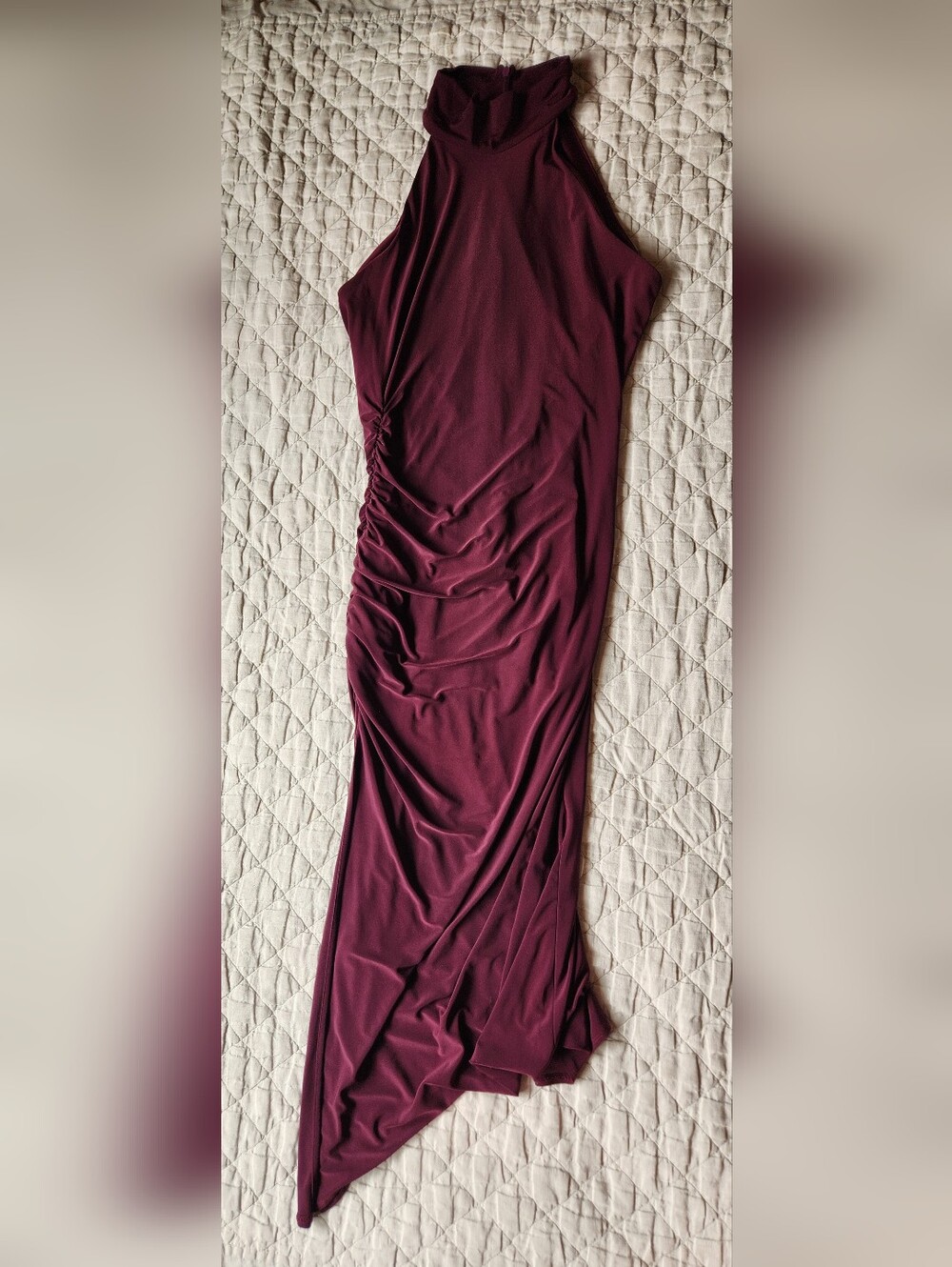 Taylor Burgundy High-Neck Ruched Maxi Dress